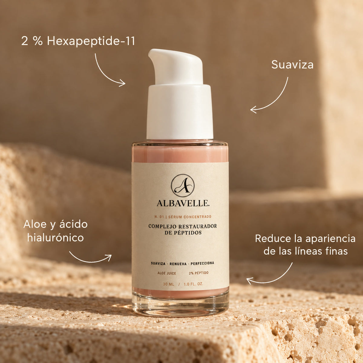 Complejo Restaurador de Péptidos de Albavelle: 2 % de Hexapeptide-11, aloe y ácido hialurónico; suaviza y reduce la apariencia de las líneas finas.