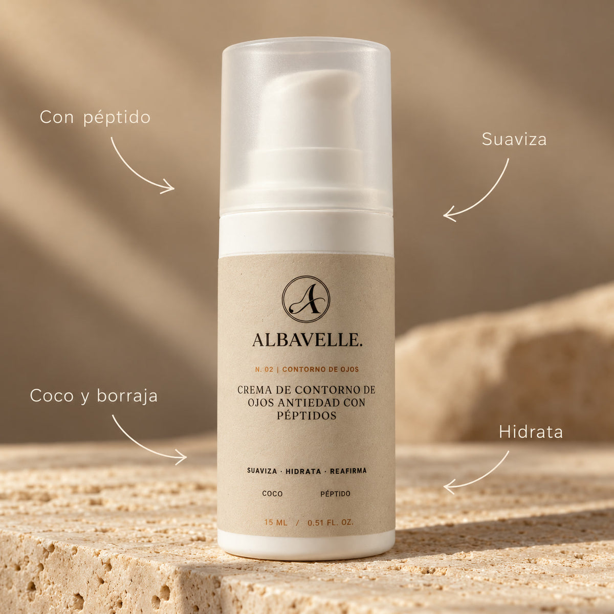 Crema de Contorno de Ojos de Albavelle: con péptido, coco y borraja; suaviza e hidrata.