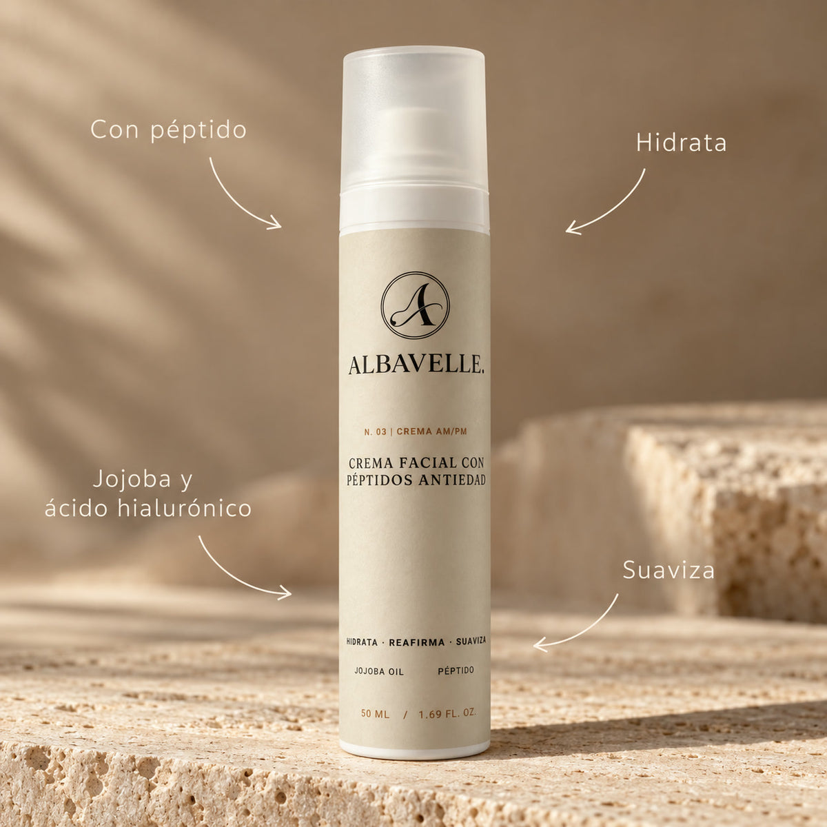 Crema Facial con Péptidos de Albavelle: con péptido, jojoba y ácido hialurónico; hidrata y suaviza.