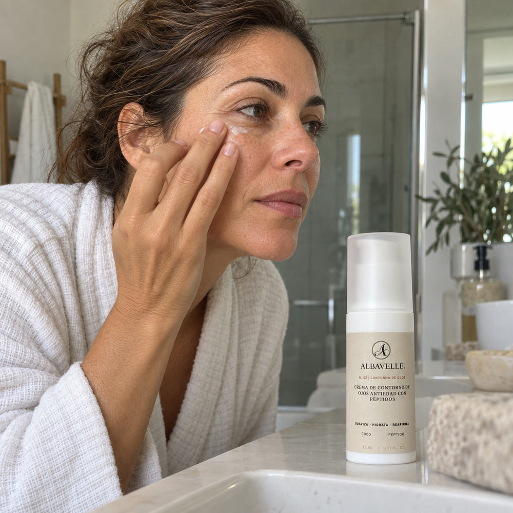 Aplicación de la Crema de Contorno de Ojos con toques suaves.
