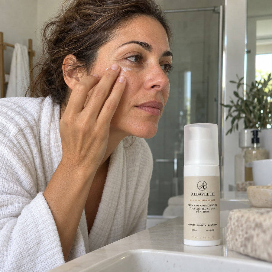 Aplicación de la Crema de Contorno de Ojos con toques suaves.