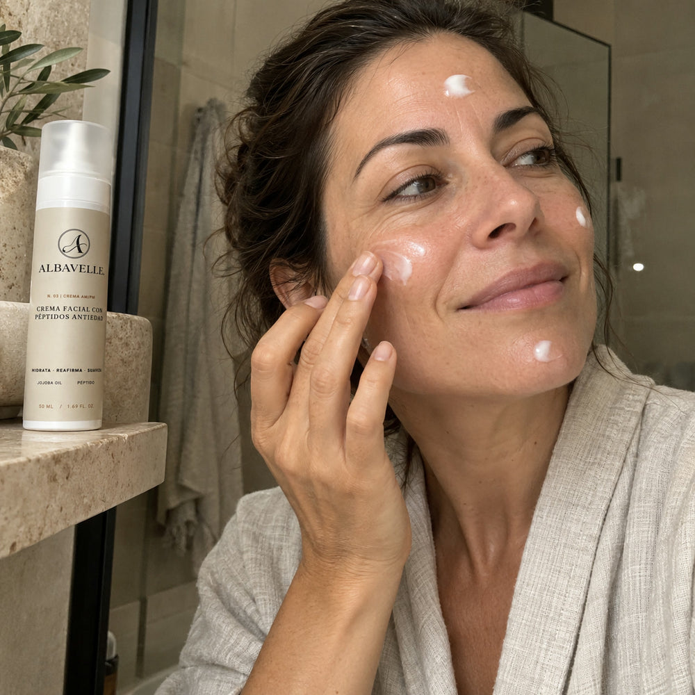Aplicación de la Crema Facial con Péptidos sobre el rostro.