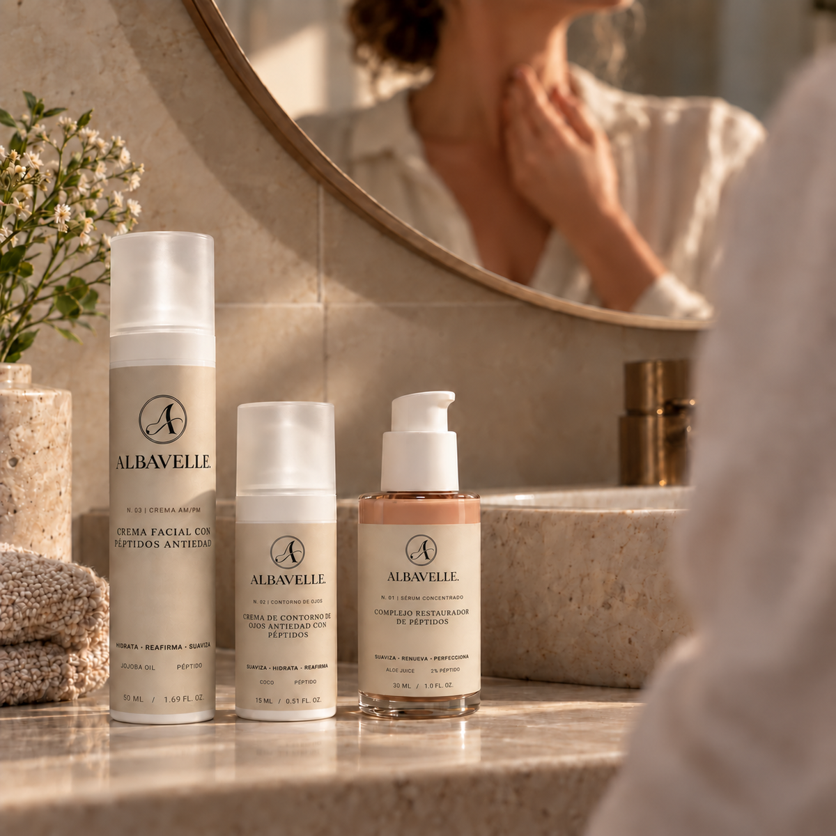 Colección de péptidos Albavelle junto al lavabo: crema, contorno y sérum. Imagen de campaña IA.