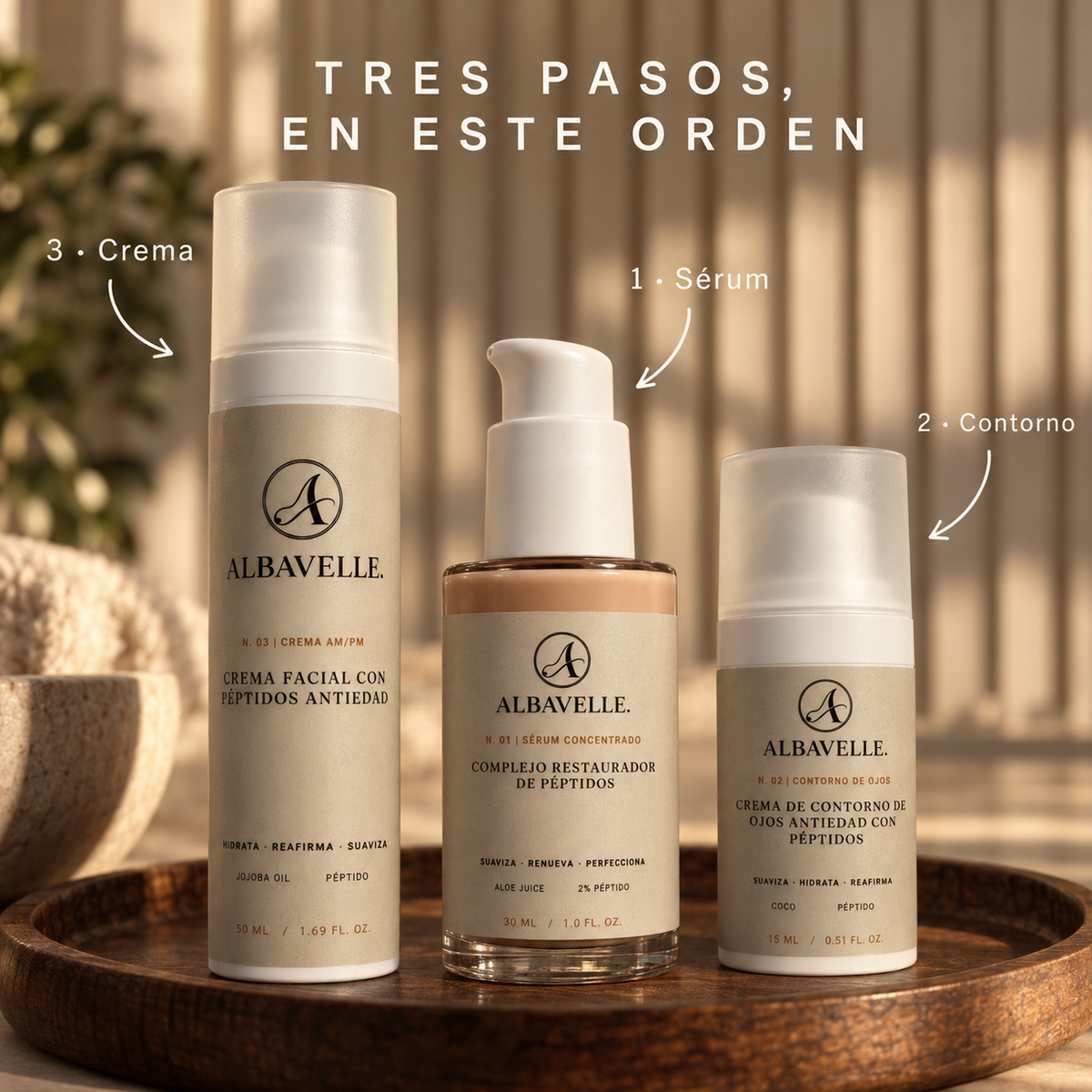 Rutina Albavelle en orden: 1 sérum, 2 contorno, 3 crema. Imagen de campaña generada con IA.
