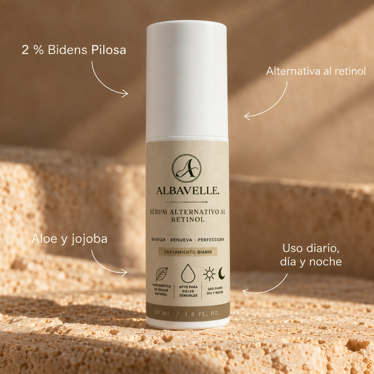 Sérum Alternativo al Retinol de Albavelle: 2 % de Bidens Pilosa, aloe y jojoba; uso diario, día y noche.