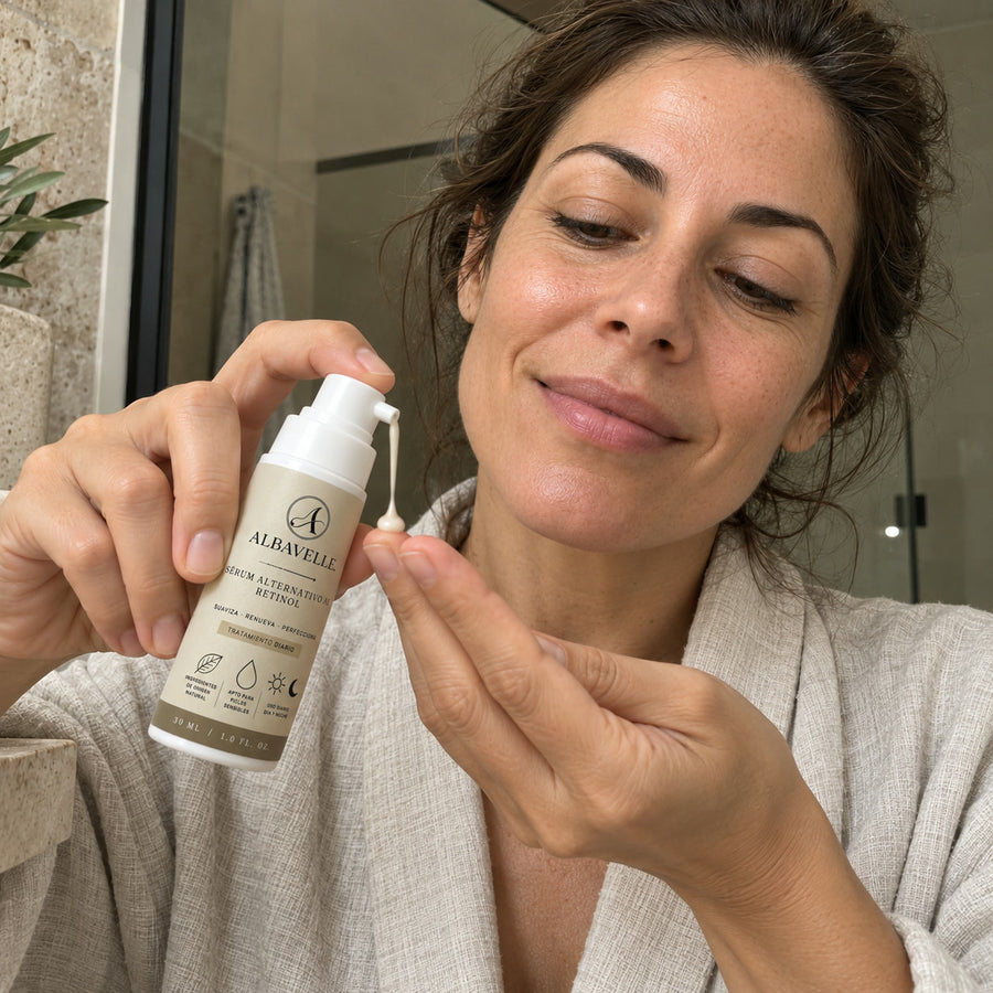 Una pulsación del Sérum Alternativo al Retinol de Albavelle sobre las yemas de los dedos.